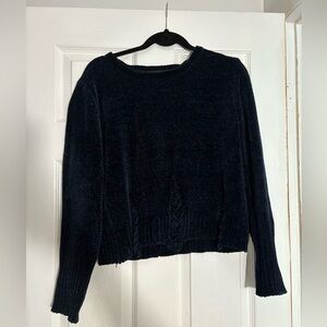 Navy chenille sweater with distressed details